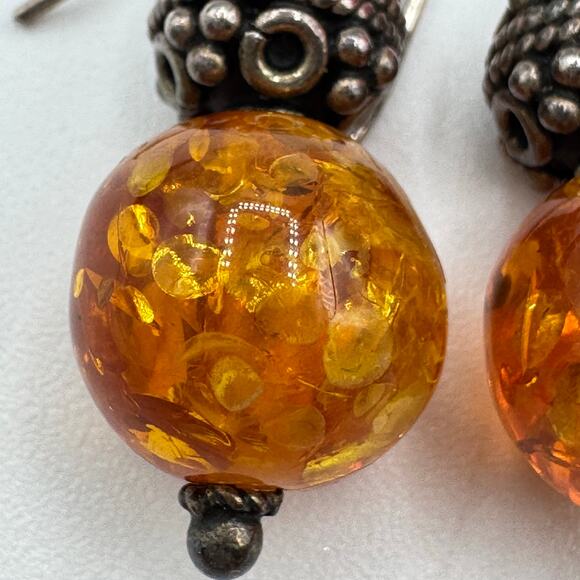 Bali Style Amber Chunk & Silver Bali Style Bead Dangle Earrings Acid UV Tested - Picture 2 of 12